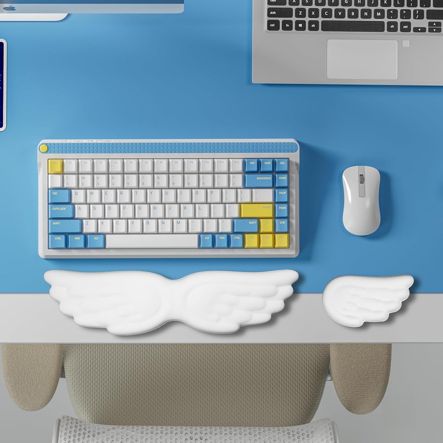 White Angel Wings Ergonomic Memory Foam Wrist Rest Computer Keyboard and Mouse Set Cute Gaming Keyboard Wrist Support pad PU Leather Surface Non-Slip and Waterproof Includes a Cleaning Brush