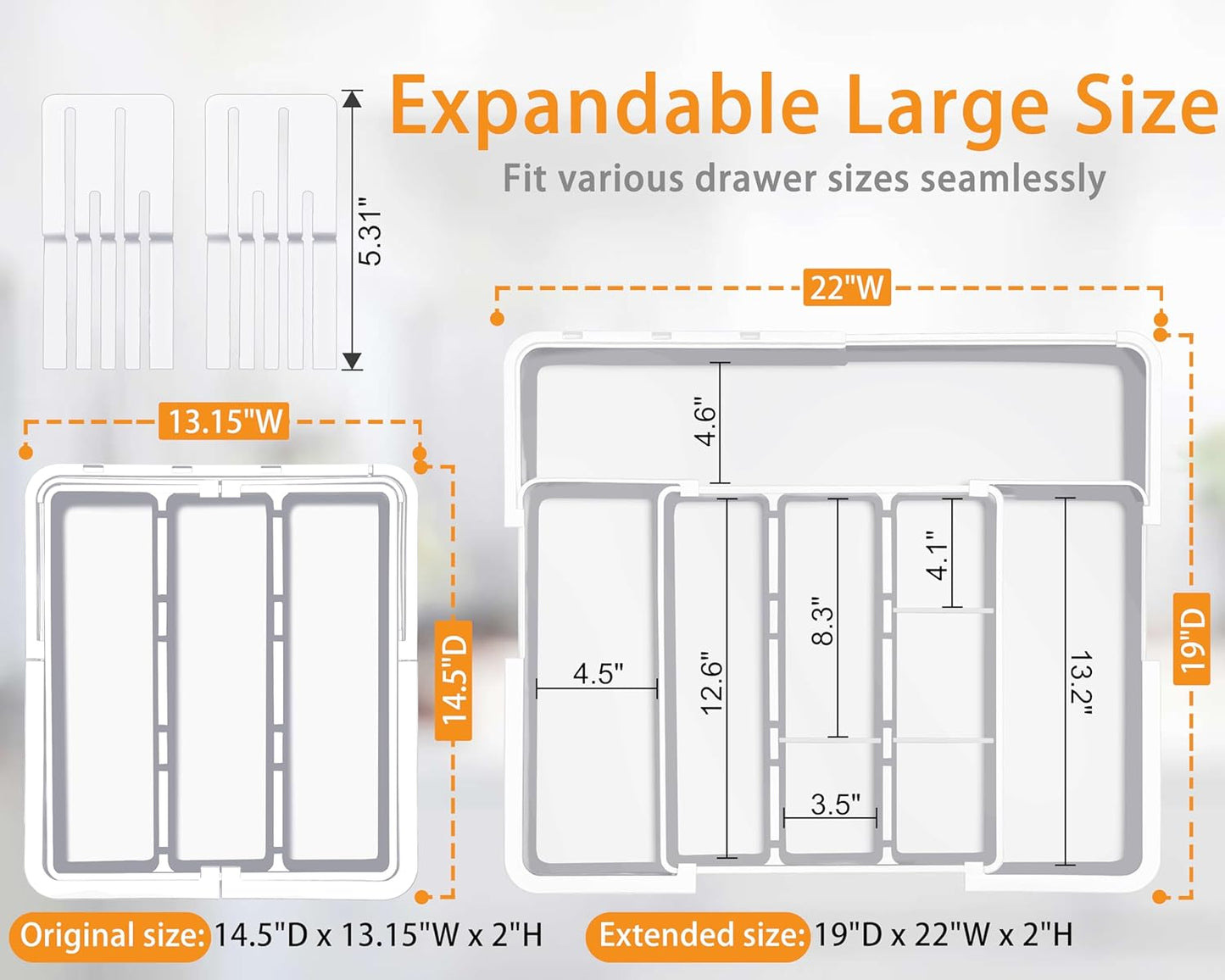 Homecor Large Utensil Organizer for Kitchen Drawer, Expandable Silverware Drawer Organizer Cooking Tray, Cutlery and Flatware Utensil Holder Kitchen Spatula Tools Storage with 3 Dividers, Grey