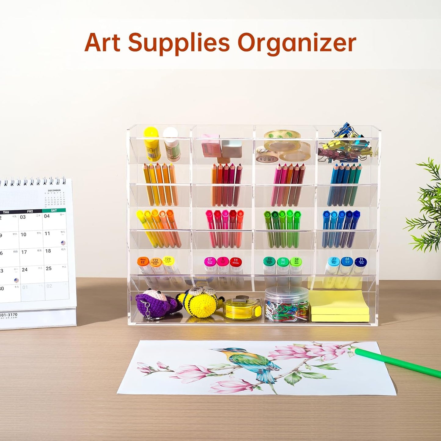 BEYGORM Acrylic Vertical Marker Organizer for 150 Markers with 13 Compartments, Clear Angled Pen & Pencil Holder, Large Desk Stationery & Art Supply Storage for Office & School (10.2 x 9.8 x 4 Inch)