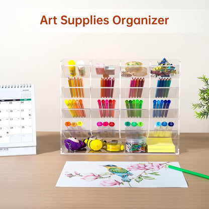 BEYGORM Acrylic Vertical Marker Organizer for 150 Markers with 13 Compartments, Clear Angled Pen & Pencil Holder, Large Desk Stationery & Art Supply Storage for Office & School (10.2 x 9.8 x 4 Inch)