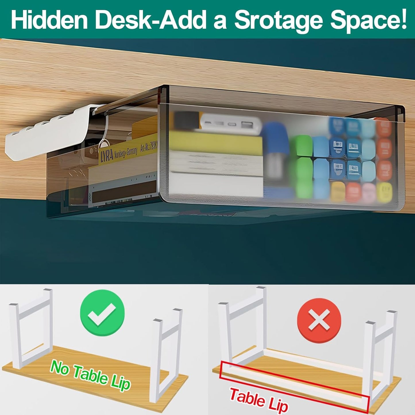 SVNNELP Under Desk Table Drawer Storage Organizer, Slide Out Drawer with 4 Compartments Divider,Pencil Storage Self-Adhesive Tray Under Table (M/Clear Black+White)