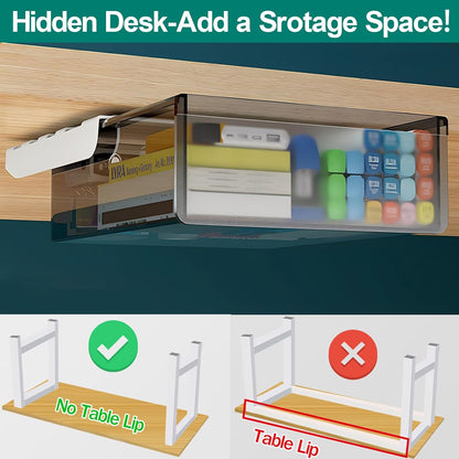 SVNNELP Under Desk Table Drawer Storage Organizer, Slide Out Drawer with 4 Compartments Divider,Pencil Storage Self-Adhesive Tray Under Table (M/Clear Black+White)