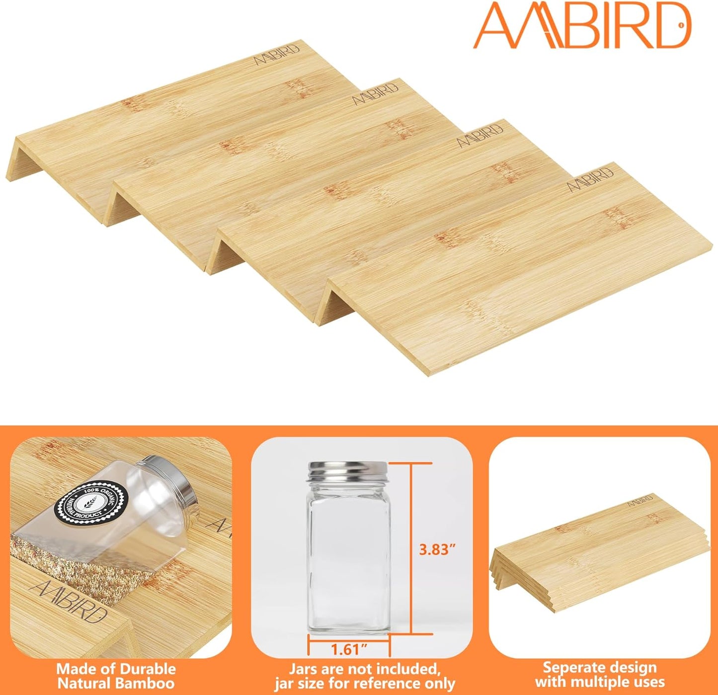 AMBIRD Spice Drawer Organizer, 4 Tier-2 Set Clear Spice Rack Tray Expandable From 11'' to 22'', Seasoning Organizer with non-slip tape for Kitchen, Cabinet, Drawers, Countertop(JARS NOT INCLUDED)
