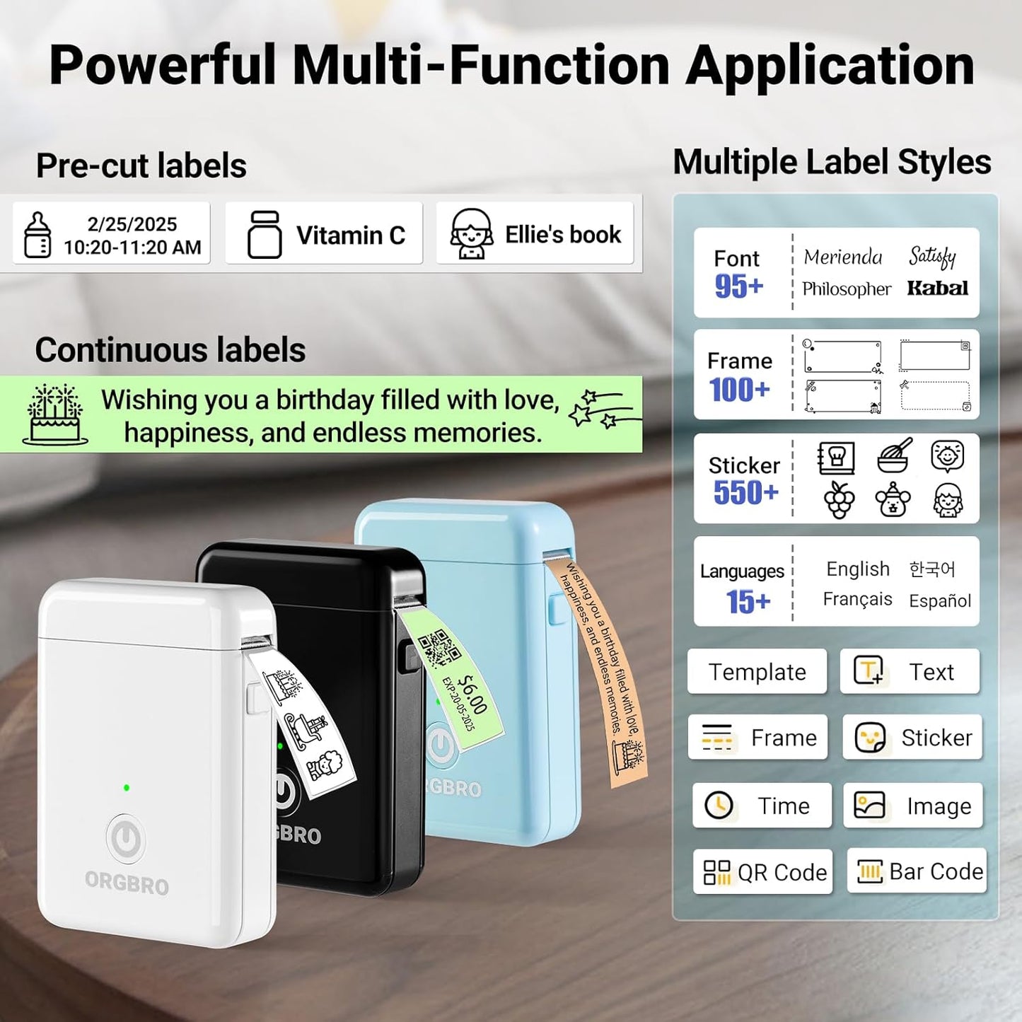 ORGBRO Label Maker Machine with Tape, X1 Portable Bluetooth Mini Label Printer, Support Pre-Cut & Continuous Label, Wireless Small Label Makers with Versatile App for School Home Office Organization