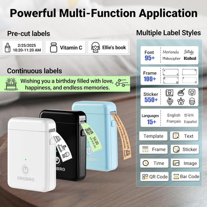 ORGBRO Label Maker Machine with Tape, X1 Portable Bluetooth Mini Label Printer, Support Pre-Cut & Continuous Label, Wireless Small Label Makers with Versatile App for School Home Office Organization