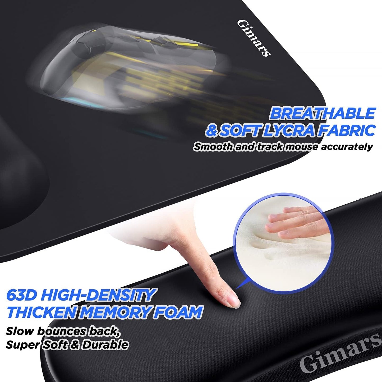 Gimars Elongate Smooth Lycra Fabric Ergonomic Mouse Pad Wrist Support, Gel Memory Foam Cushion Set Keyboard Wrist Rest Support, Pain Relieve for Computer, Laptop, Office, School, Home, Gaming, Black