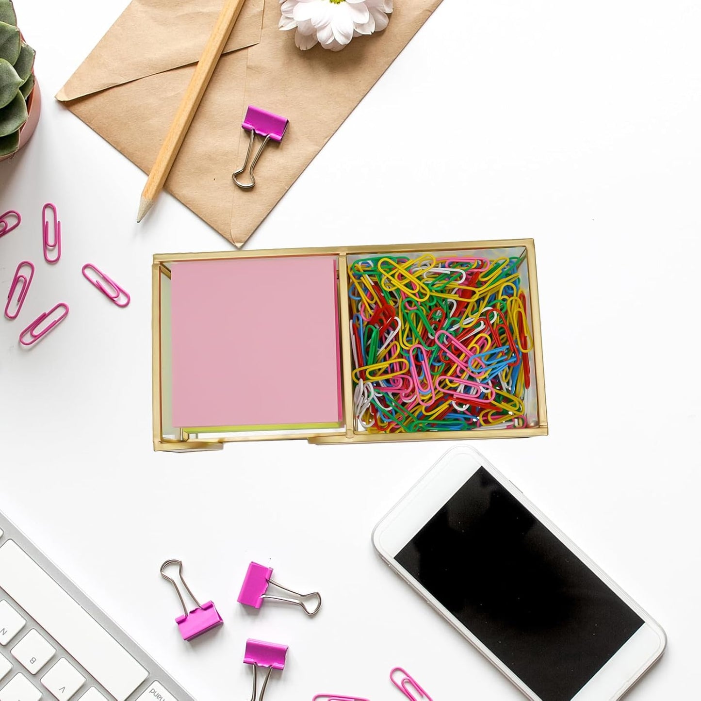 Sticky Note Holder,Glass Post It Note Dispenser with Pen Slot,Gold 3 x 3 Inch Post It Note Holder for Desk,Stylish Sticky Note Dispenser for Home Office Desk