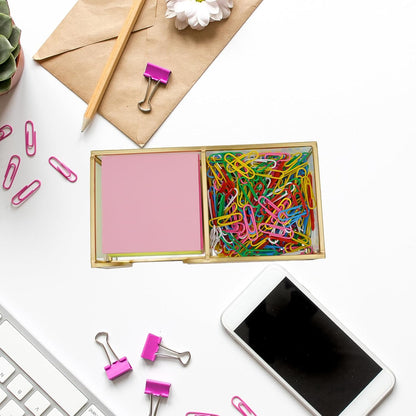 Sticky Note Holder,Glass Post It Note Dispenser with Pen Slot,Gold 3 x 3 Inch Post It Note Holder for Desk,Stylish Sticky Note Dispenser for Home Office Desk