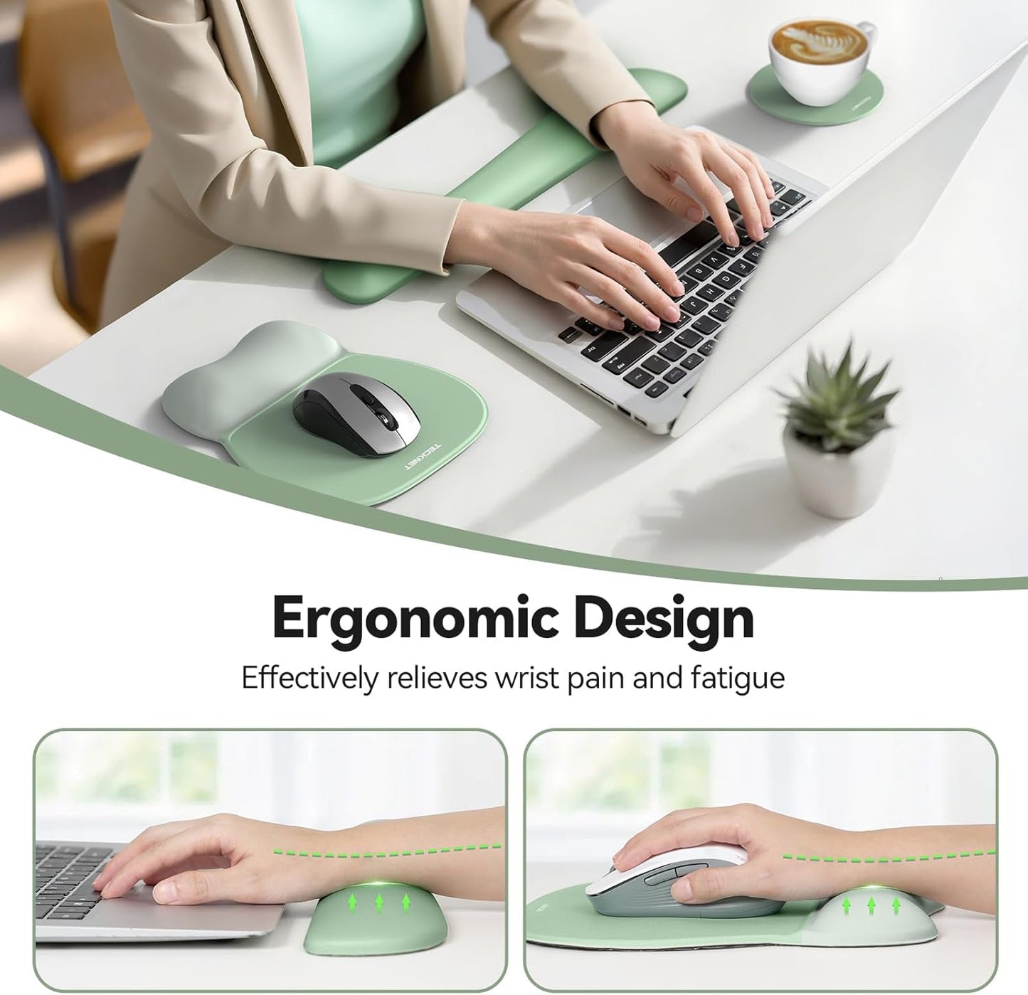 TECKNET Gel Mouse Pad with Wrist Rest, 3 in 1 Keyboard Wrist Rest for Pain Relief, Non-Slip PU Base & Easy Typing, Ergonomic Mousepad Set for Office & Home（Black）
