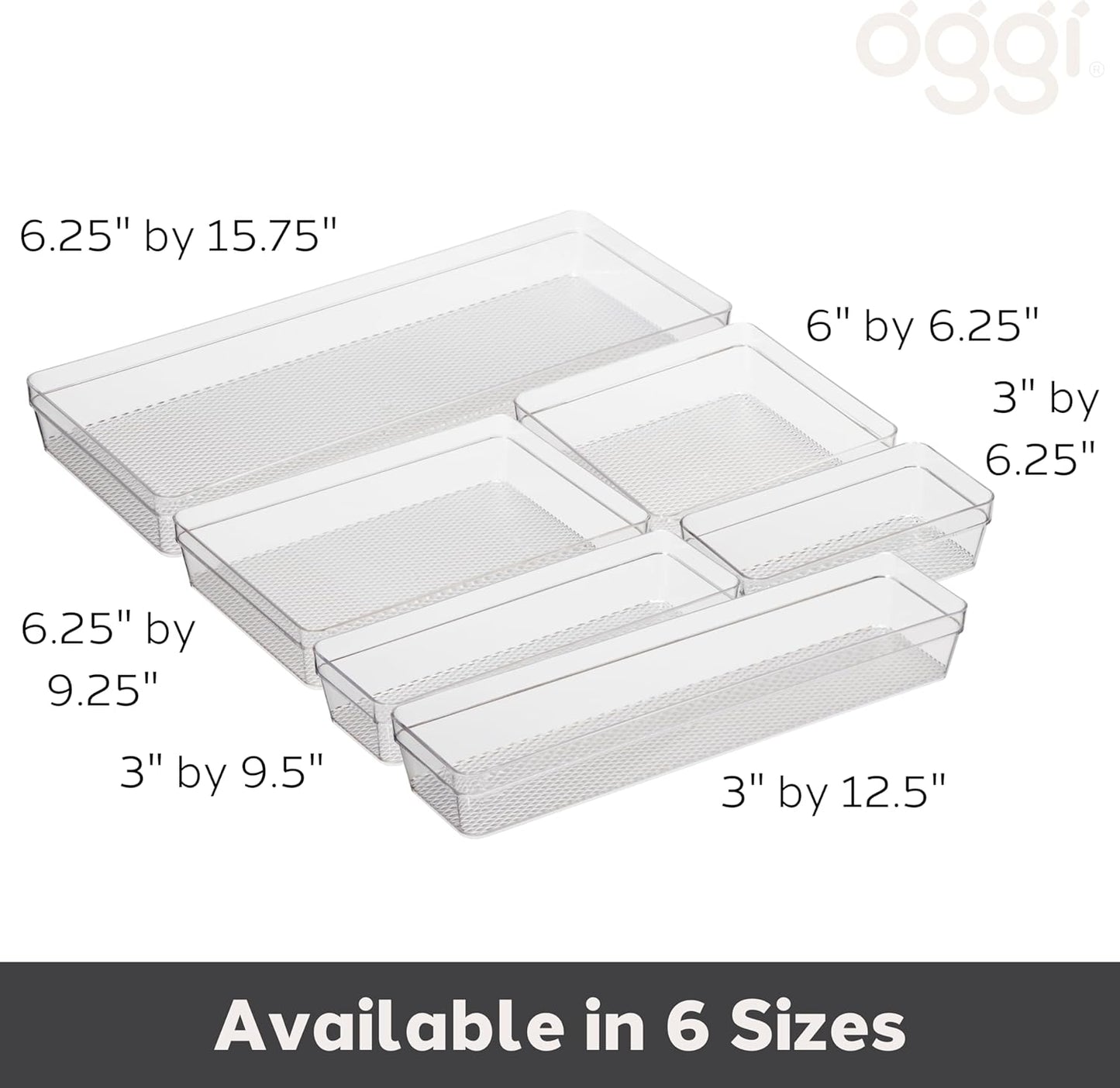 Oggi Set of 5 Clear Drawer Organizers - (1) 3x6.25, (2) 3x9.5, (2) 3x12.5 - Ideal for Organizing Kitchen Drawers, Office, Desk, Silverware, Kitchen Utensils, Cosmetics and Bathrooms