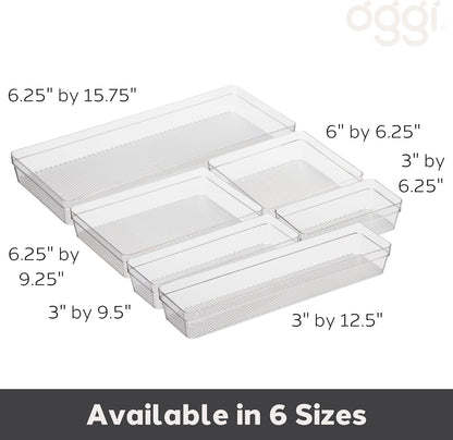 Oggi Set of 5 Clear Drawer Organizers - (1) 3x6.25, (2) 3x9.5, (2) 3x12.5 - Ideal for Organizing Kitchen Drawers, Office, Desk, Silverware, Kitchen Utensils, Cosmetics and Bathrooms