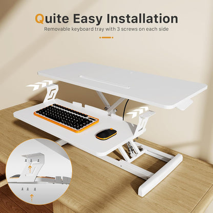 JOY worker Standing Desk Converter, 32" Wide Height Adjustable Sit Stand Up Desk Riser with Keyboard Tray, Desktop Workstation Riser for Home Office Computer Laptop, Particle Board, White