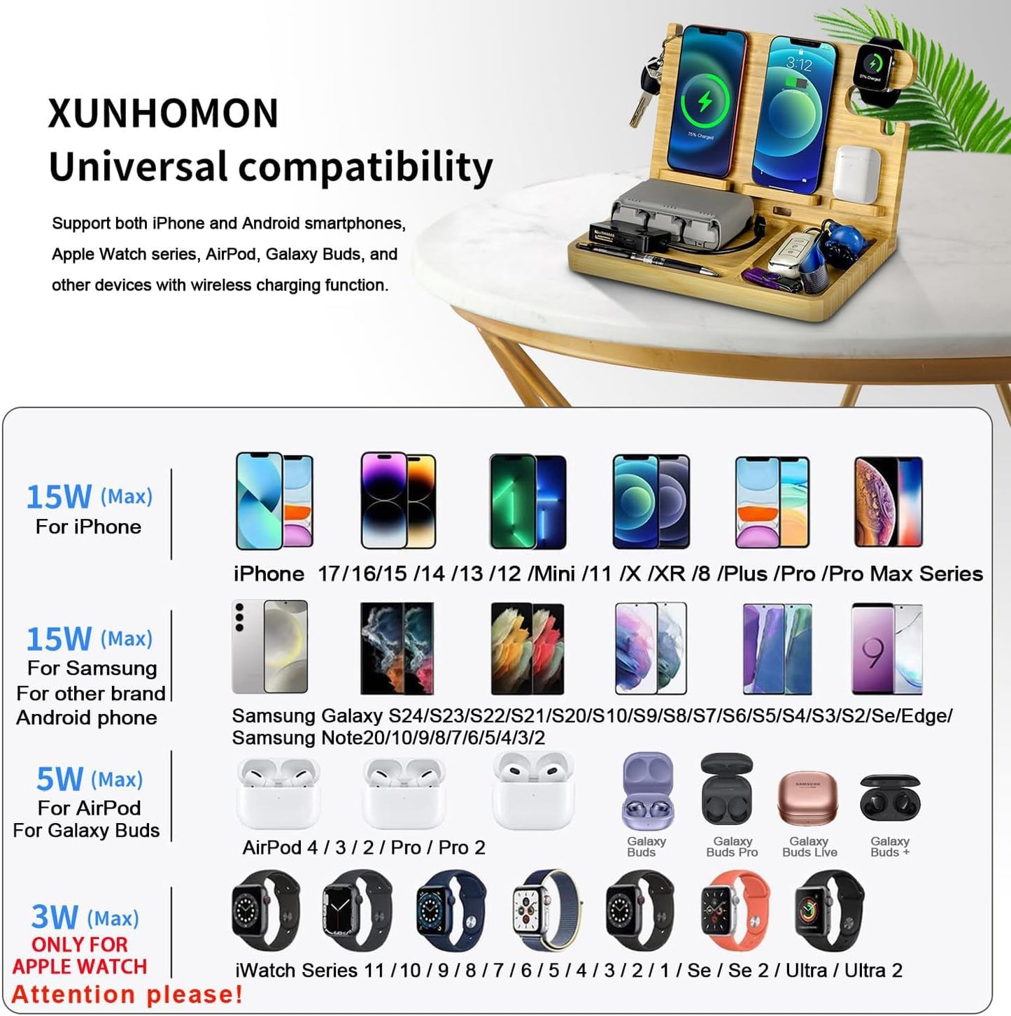Wood Phone Docking Station Nightstand Organizer for Men 27W 2 Phone Wireless Charging Station with 4 Wireless Charger Stand for iPhone Apple Watch AirPod Mens Birthday Gift Ideas Key Holder