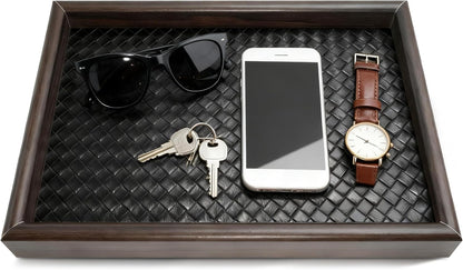 Wooden Valet Tray Desk Organizer with Leather Base,Nightstand, Entryway Bedside Dump Holder for Wallets, Keys, Watches, Jewelry & Sunglasses