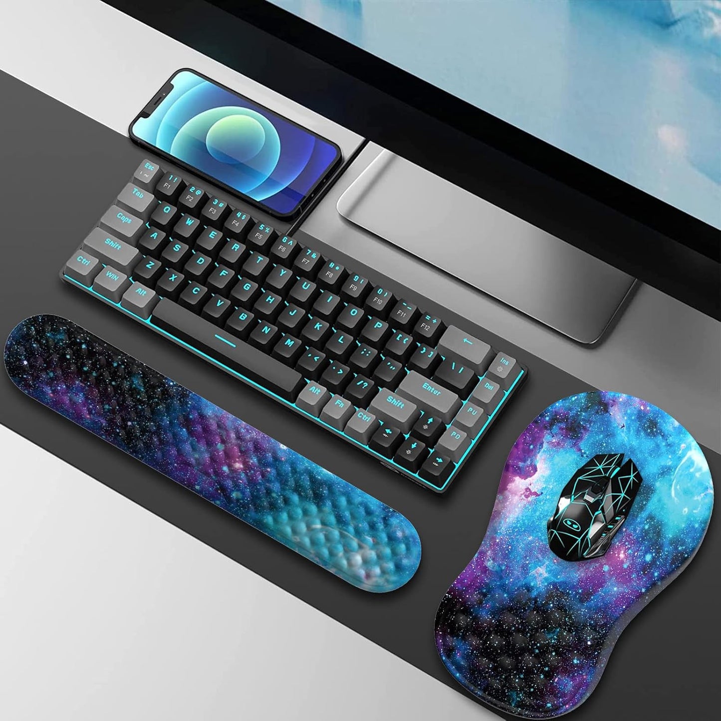 HAOCOO Keyboard Wrist Rest, Ergonomic Mouse Pad with Wrist Rest, 3 in 1 Keyboard and Mouse pad with Coaster Set, Memory Foam Wrist Support, Non-Slip PU Base for Home Office, Rose Gold Pink