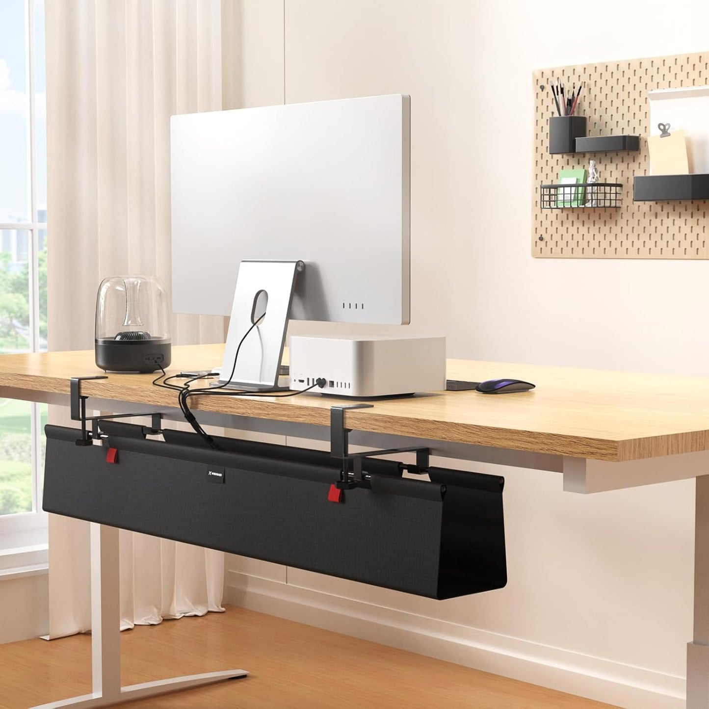 No Drill Under Desk Cable Management Tray, 28" Cord Management Tray with Cable Loop, Upgraded Oxford Fabric Wire Management for Standing Desk - No Damage to Table