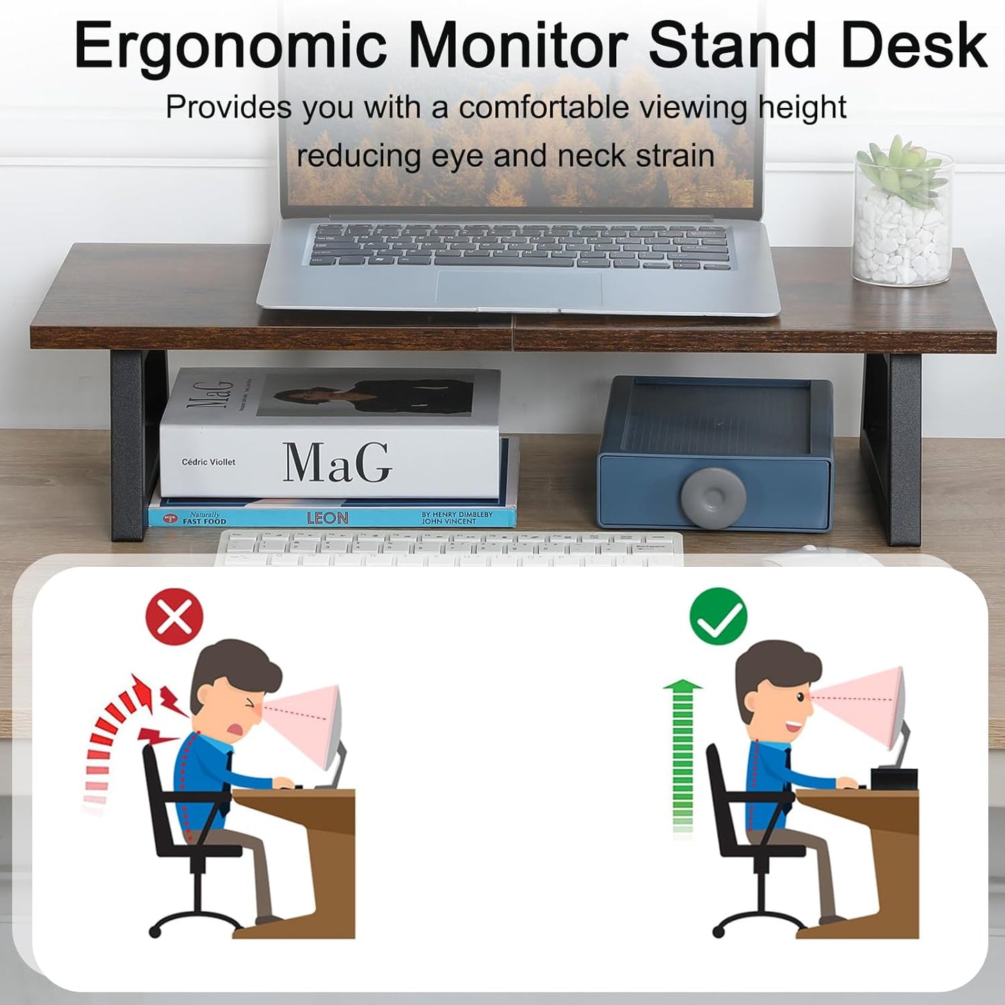 TEAMIX 24 inch Monitor Stand Riser, Black Wood & Steel Computer Monitor Stand with Storage, Laptop, PC, Printer Stand Riser for Desktop Office Desk Organizers