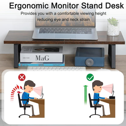TEAMIX 24 inch Monitor Stand Riser, Black Wood & Steel Computer Monitor Stand with Storage, Laptop, PC, Printer Stand Riser for Desktop Office Desk Organizers