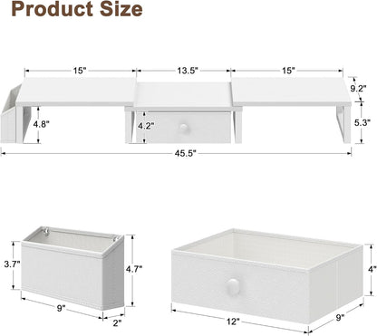 LAND·VOI Heavy Duty Dual Monitor Stand, Holds 2 Screens Up to 27 Inches, Adjustable Length and Angle Monitor Riser, Desk Organizer with Side Pockets and Drawers, Home Office Desk Storage, Rustic Brown