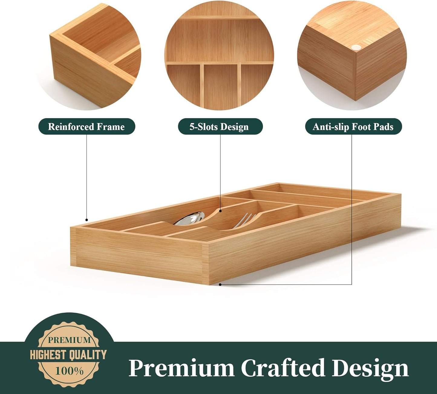 Small Silverware Organizer, Bamboo Kitchen Drawer Organizer, Utensil Holder, Cutlery Tray & Spoon Flatware Storage with Grooved Drawer Dividers (6.7''W x 12''D)