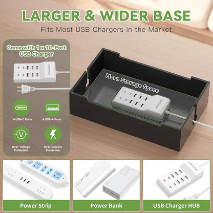 Pezin & Hulin Bamboo Charging Station for Multiple Devices, USB Charger Dock Organizer, with Power Supply (10 Ports HUB), 6 Cables, Cable Management Organizer for Cell Phones, Tablets -Natural+White