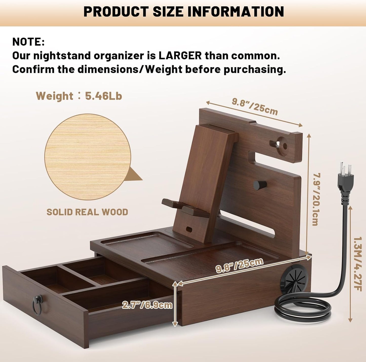 Wood Phone Docking Station with USB Ports and Outlets, Nightstand Organizer with Charging Station, Bedside Organizer with Drawer for Watch & Accessories, Christmas Anniversary Birthday Gifts for Men