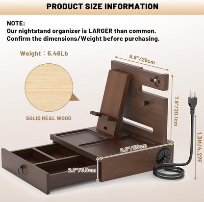 Wood Phone Docking Station with USB Ports and Outlets, Nightstand Organizer with Charging Station, Bedside Organizer with Drawer for Watch & Accessories, Christmas Anniversary Birthday Gifts for Men