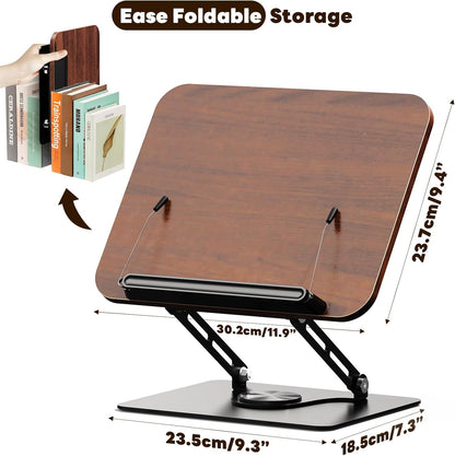 Abiglifty Book Stand for Reading,Adjustable Book Holder with 360° Rotating Base,Foldable Book Holder Stand for Cookbook,Textbook,Tablets, Laptops (Dark Wood)