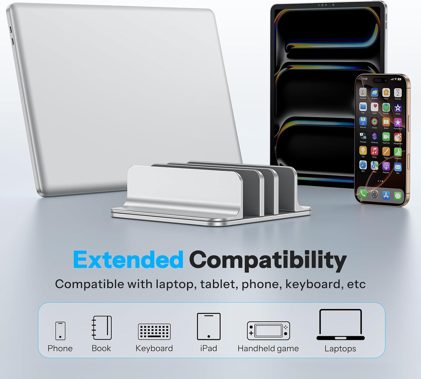 OMOTON Vertical Laptop Stand [Updated 3-Slots Version], Desktop Aluminum Mac Book Stand with Adjustable Dock Size, Fits All Mac Book, Chrome Book and Gaming Laptops (Up to 17.3 inch), Starlight