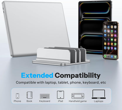 OMOTON Vertical Laptop Stand [Updated 3-Slots Version], Desktop Aluminum Mac Book Stand with Adjustable Dock Size, Fits All Mac Book, Chrome Book and Gaming Laptops (Up to 17.3 inch), Starlight
