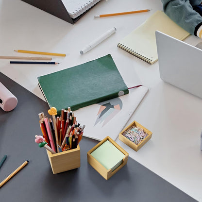 Desk Organizer Set of 3 - Bamboo Office Desk Accessories - Desk Organizers and Accessories for Women Men - Set incl. Pencil Pen Holder, Paperclip Storage and Sticky Note Holder