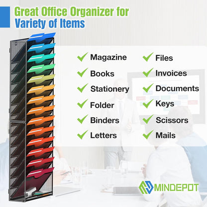 MINDEPOT 7-Tier Wall Hanging File Organizer Cubicle Hanging Organizer Mount File Holder, Mesh Magazine Document Mail Organizer Wall Organizer for Office School Home, Black