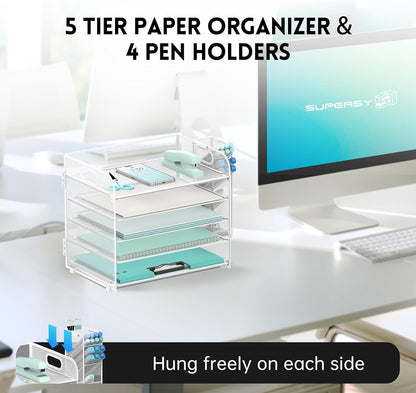 SUPEASY 5 Tier Desk Organizer with Handle & Removable Pen Holders, Mesh Paper/File Organizer for Desk, Paper Letter Tray Organizer for Office Supplies (Black)