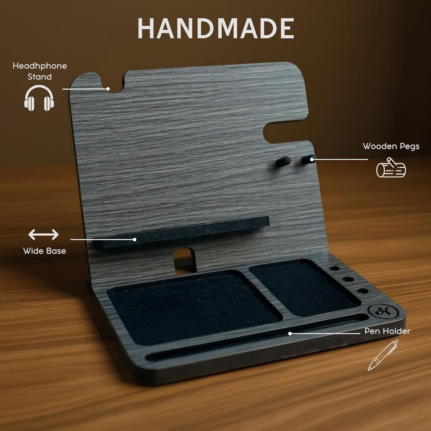Namore Wood Phone Docking Station for Men – Nightstand & Desk Organizer with Valet Tray for Wallet, Watch & Keys – Bedside Organizer Gift for Husband or Dad