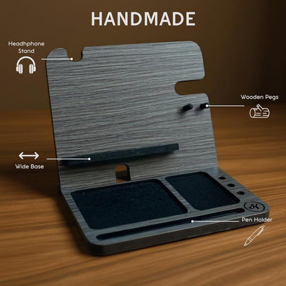 Namore Wood Phone Docking Station for Men – Nightstand & Desk Organizer with Valet Tray for Wallet, Watch & Keys – Bedside Organizer Gift for Husband or Dad