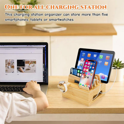 Bamboo Charging Station for Multi Devices, Small Desktop Docking Stand, Cell Phone Docking Station Charger Organizer for Tablets, Smart Watch (No USB Charger No Charging Cables)