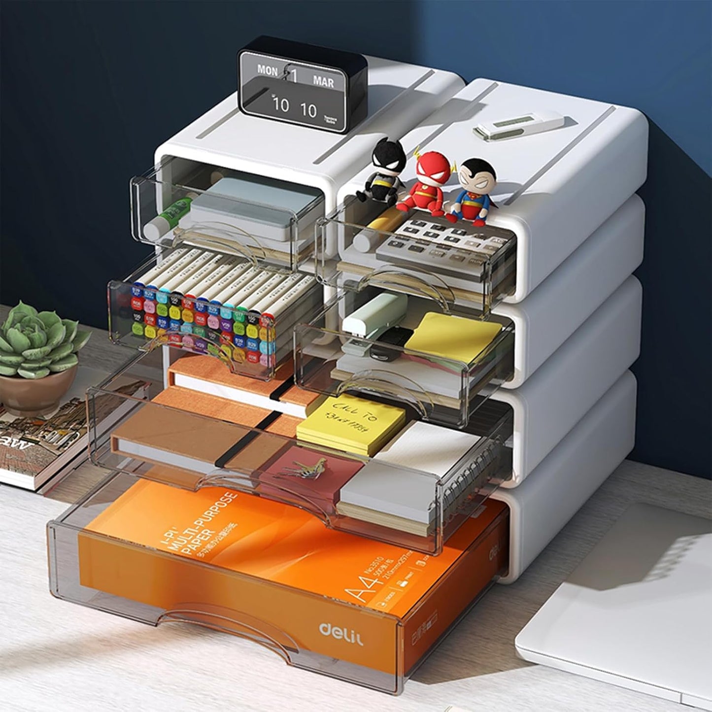 Desk Organizer with Drawers, Stackable Storage Drawers with Compartments Desktop Organization for Office Supplies, Makeup, Pencils, Tape, Erasers, Paperclips, Chargers (4 Pack)