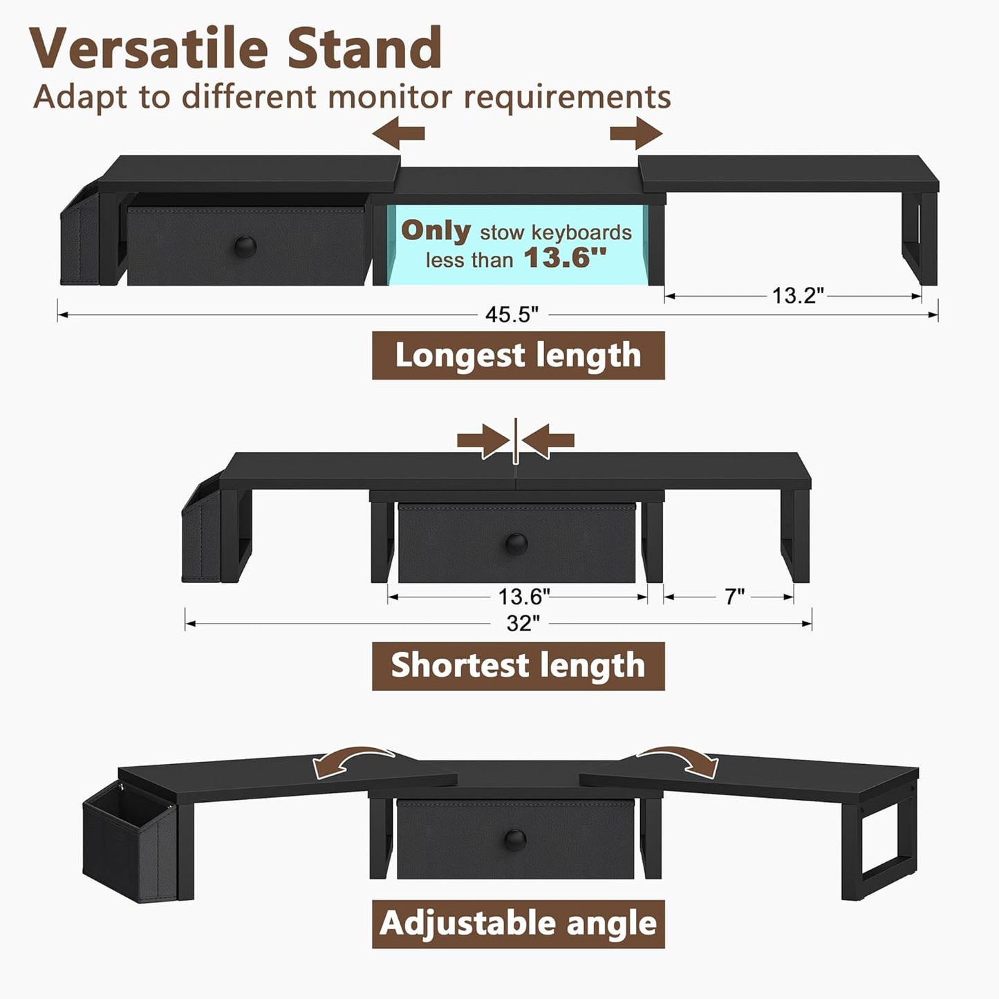 LAND·VOI Heavy Duty Dual Monitor Stand, Holds 2 Screens Up to 27 Inches, Adjustable Length and Angle Monitor Riser, Desk Organizer with Side Pockets and Drawers, Home Office Desk Storage, Rustic Brown