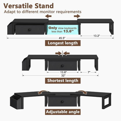 LAND·VOI Heavy Duty Dual Monitor Stand, Holds 2 Screens Up to 27 Inches, Adjustable Length and Angle Monitor Riser, Desk Organizer with Side Pockets and Drawers, Home Office Desk Storage, Rustic Brown