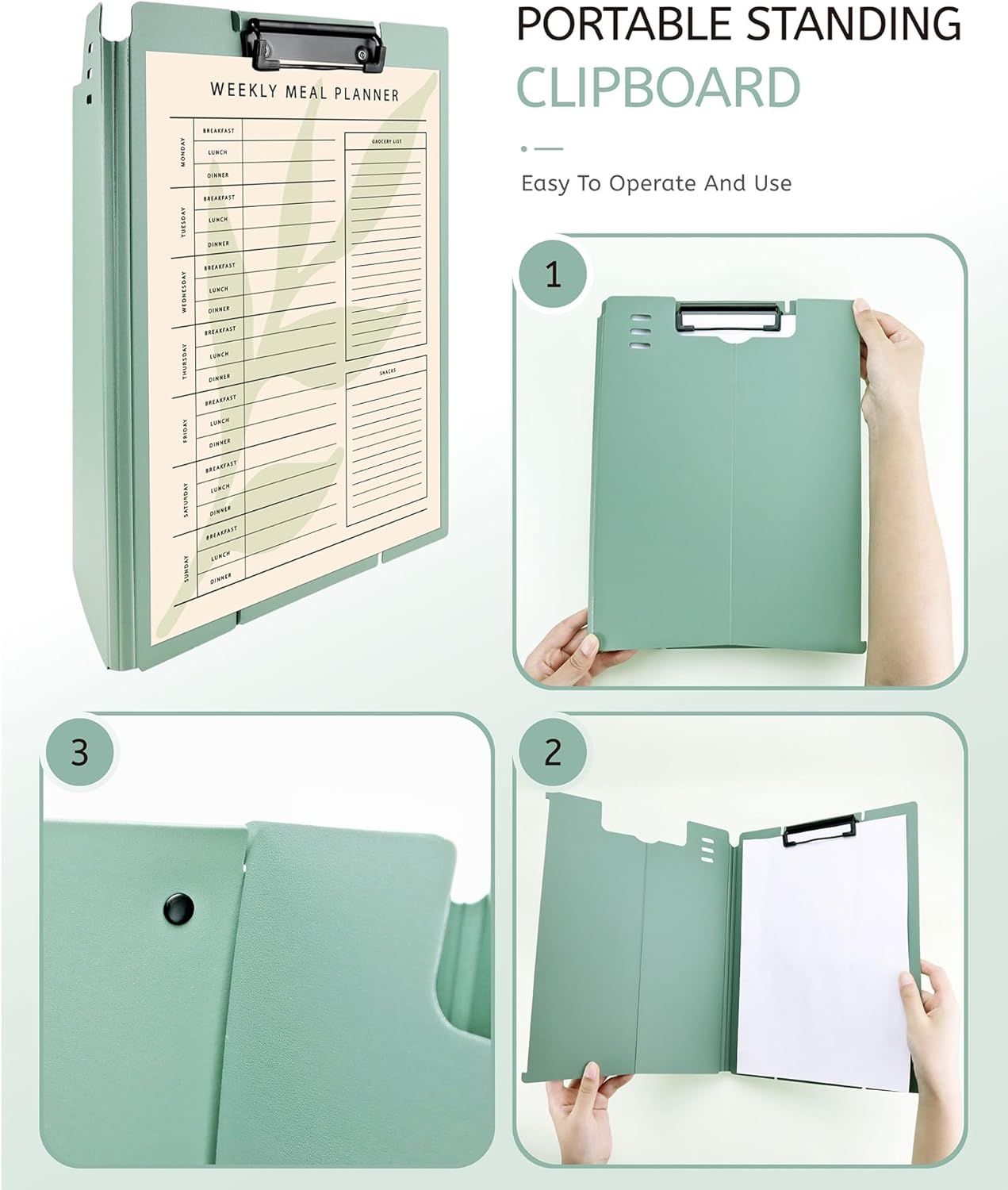 Free Standing Clipboard and Desktop Stand with Adjustable Buckles Easel Back - Foldable Stand and Document Holder for School, Office and Business Use (9.37 x 12.6 inches) (Light Green)