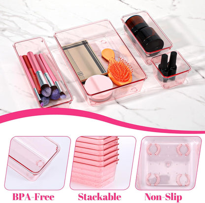 25pcs Pink Plastic Drawer Organizer Set, Clear Stackable Drawer Organizer,Kitchen Drawers Dividers for Bathroom, Office, Kitchen Cabinets and Dressing Tables