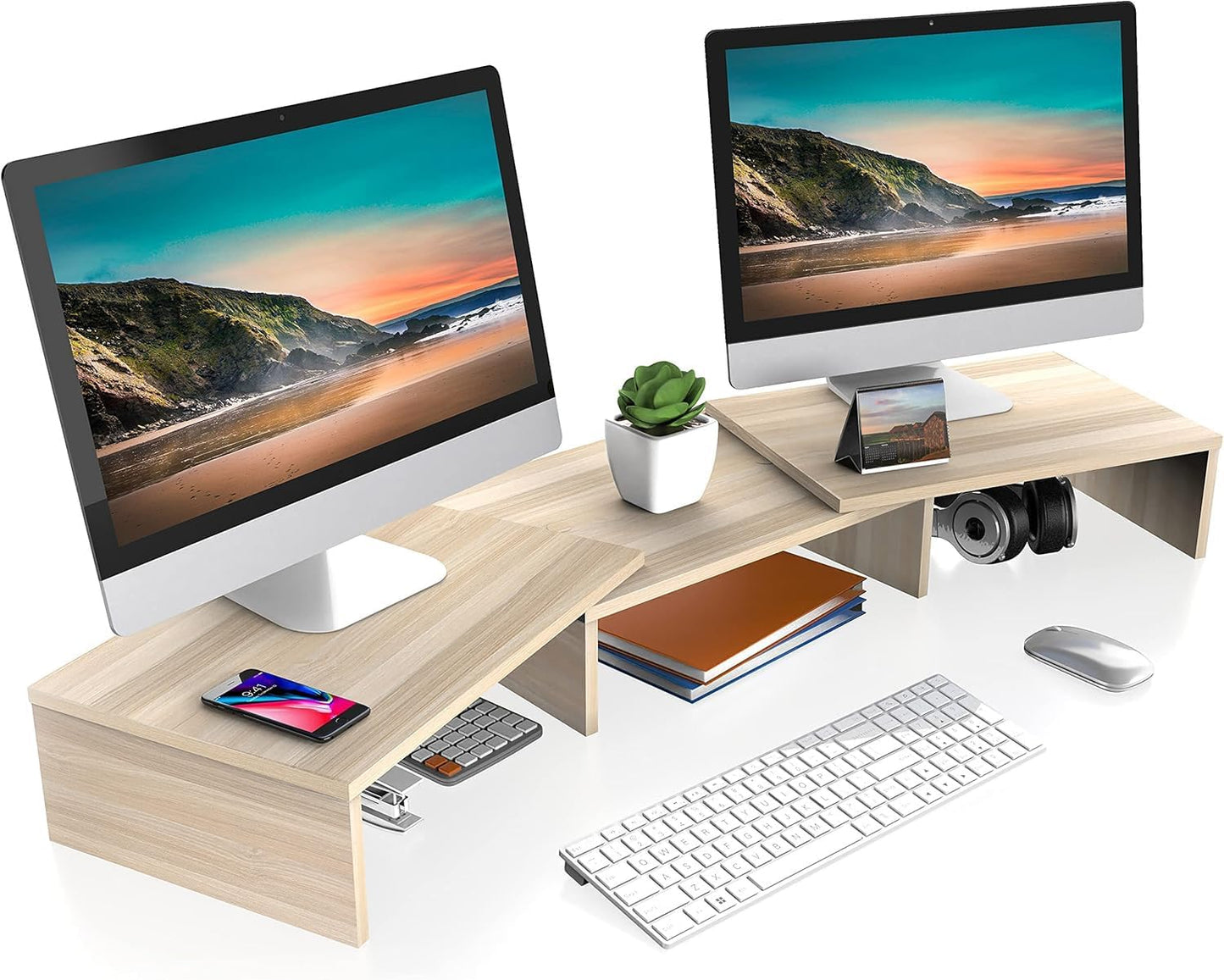 FITUEYES Dual Monitor Stand – 3 Shelf Computer Monitor Riser, Wood Desktop Stand with Adjustable Length and Angle, Desk Accessories, Office Supplies Medium Black,DT108001WB