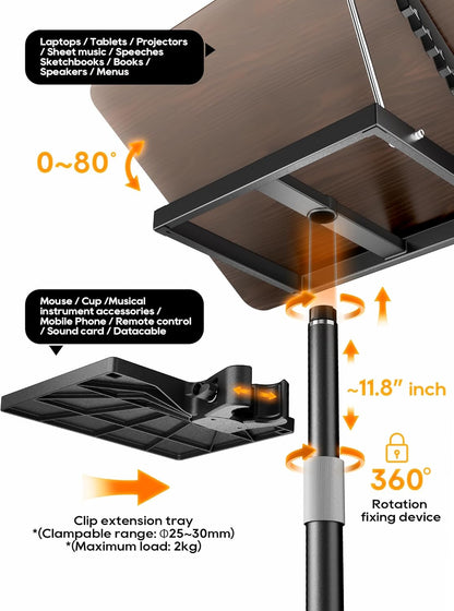 2 in 1 Adjustable Book Stand - Dual-Use Floor and Desktop Book Holder Stand, Height Adjustable 23.5-52 in, Elastic Page Clips for Music Sheet, Recipe, Tablet, Laptop-Black