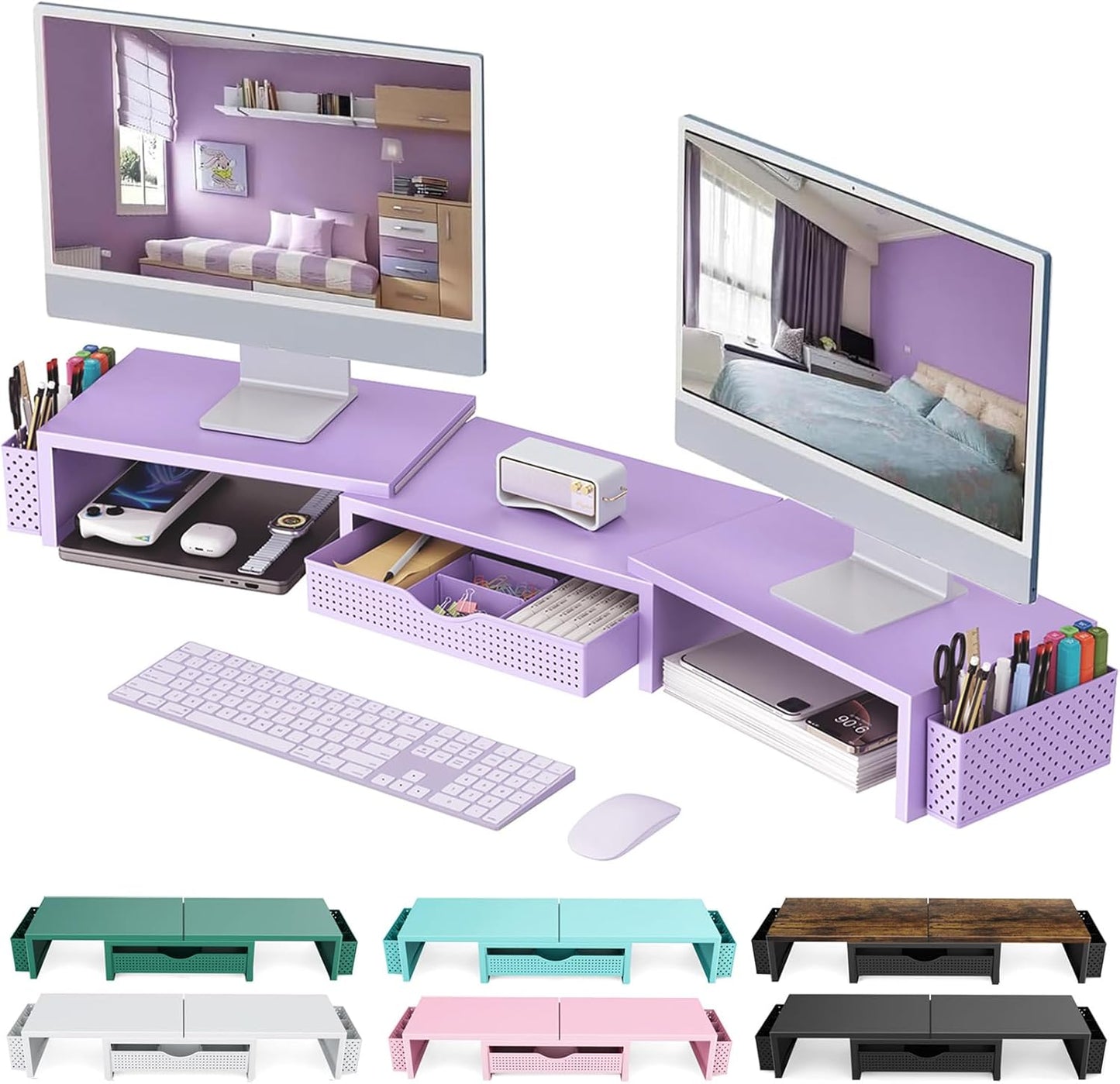 gianotter Dual Monitor Stand Riser, Desk Organizer With Drawer and 2 Pen Holders, Computer Monitor Stand, Shelf for Top of Desk, Black