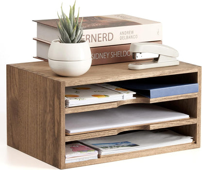 KIRIGEN Wooden Desktop Organizer Paper Storage Letter Tray File Sorter - Desk Rack Magazine File Dividers Holders for Home Office Accessories Wood Desk Cabinet with 3 Layer Trays Natural(3KWJG-NA)