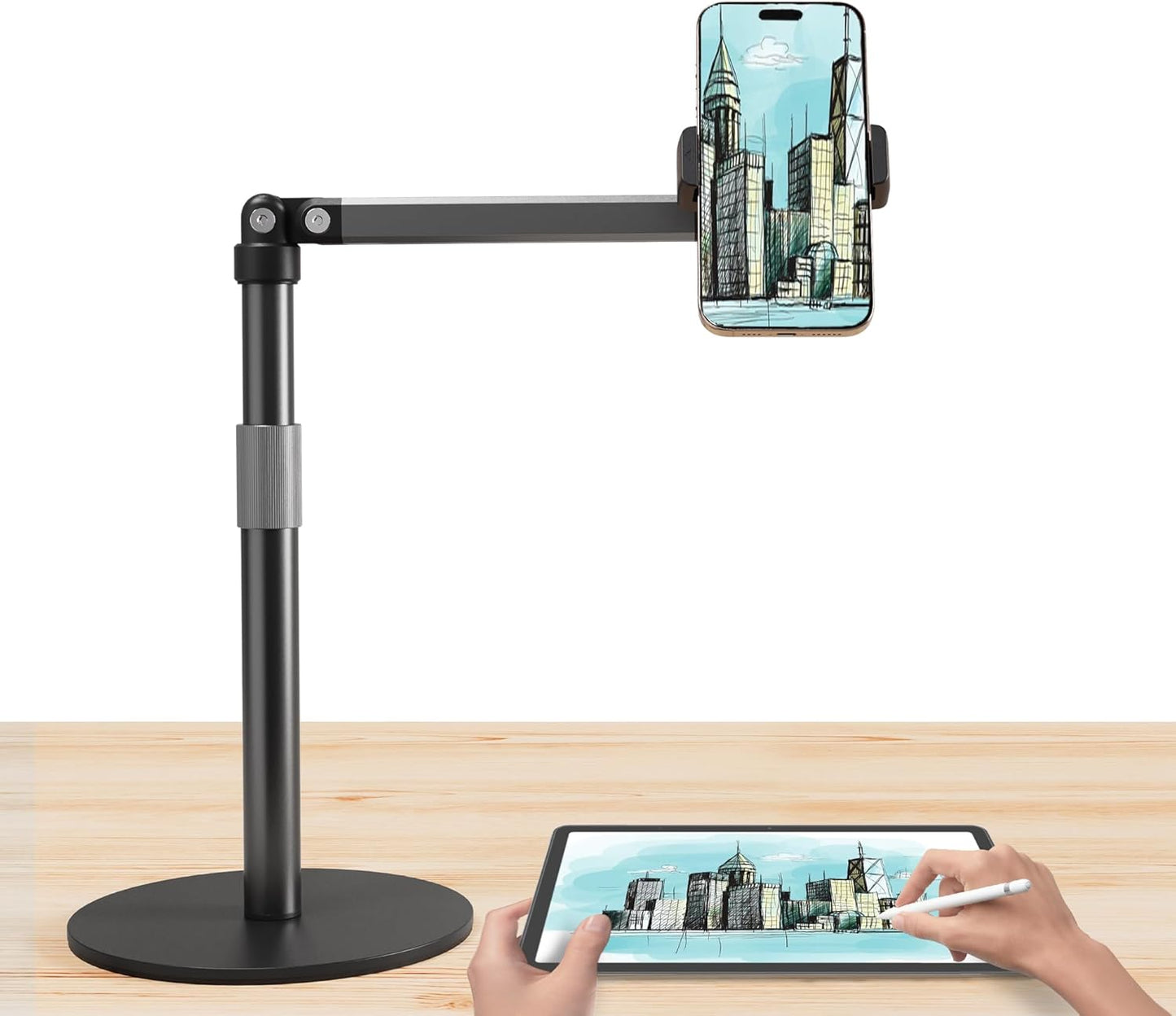Phone Stand for Recording Overhead Desktop Phone Holder Mount with Flexible Extension Arm, Adjustable Height, for Video, Painting, Meeting, Fliming