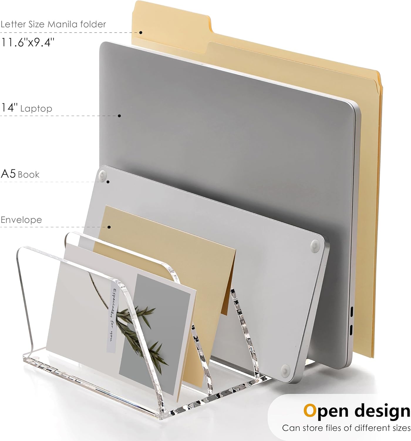 SANRUI 5 Compartments Acrylic Mail Sorter Holder, Clear Document Magazine Envelope File Rack, Vertical Letter Sorter & Multifunction Desk Organizer for Bills, Documents, Notebooks