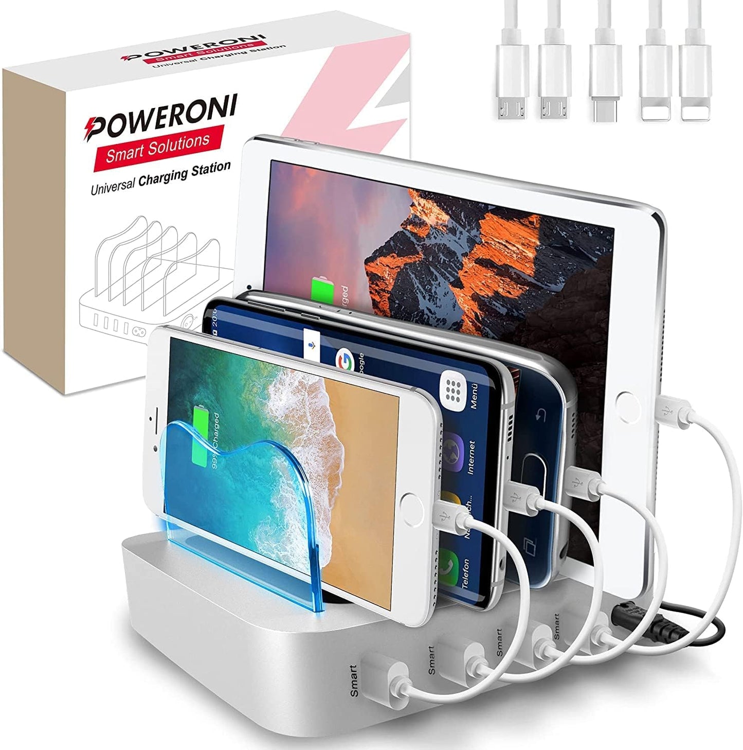 USB Charging Station - 6 Port Universal Charging Station for Multiple Devices - Multi Device Charger Dock - Compatible with Apple, iPad, iPhone, Android Cell Phones, and Tablets - Black