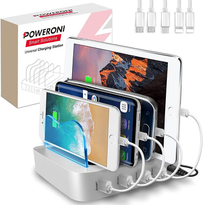 USB Charging Station - 6 Port Universal Charging Station for Multiple Devices - Multi Device Charger Dock - Compatible with Apple, iPad, iPhone, Android Cell Phones, and Tablets - Black