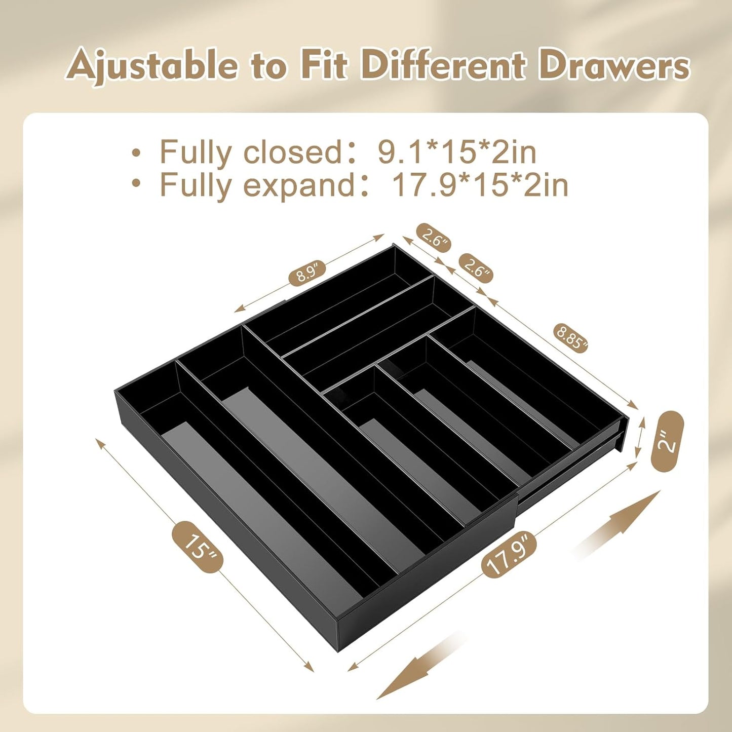 Briwooody 1 Pcs Acrylic Desk Drawer Organizer 9'' up to 16'' x 12'' x 2.2'' Expandable Drawer Organizer Trays with 10 Adjustable Compartments Clear Desk Accessories for Makeup Office Bathroom